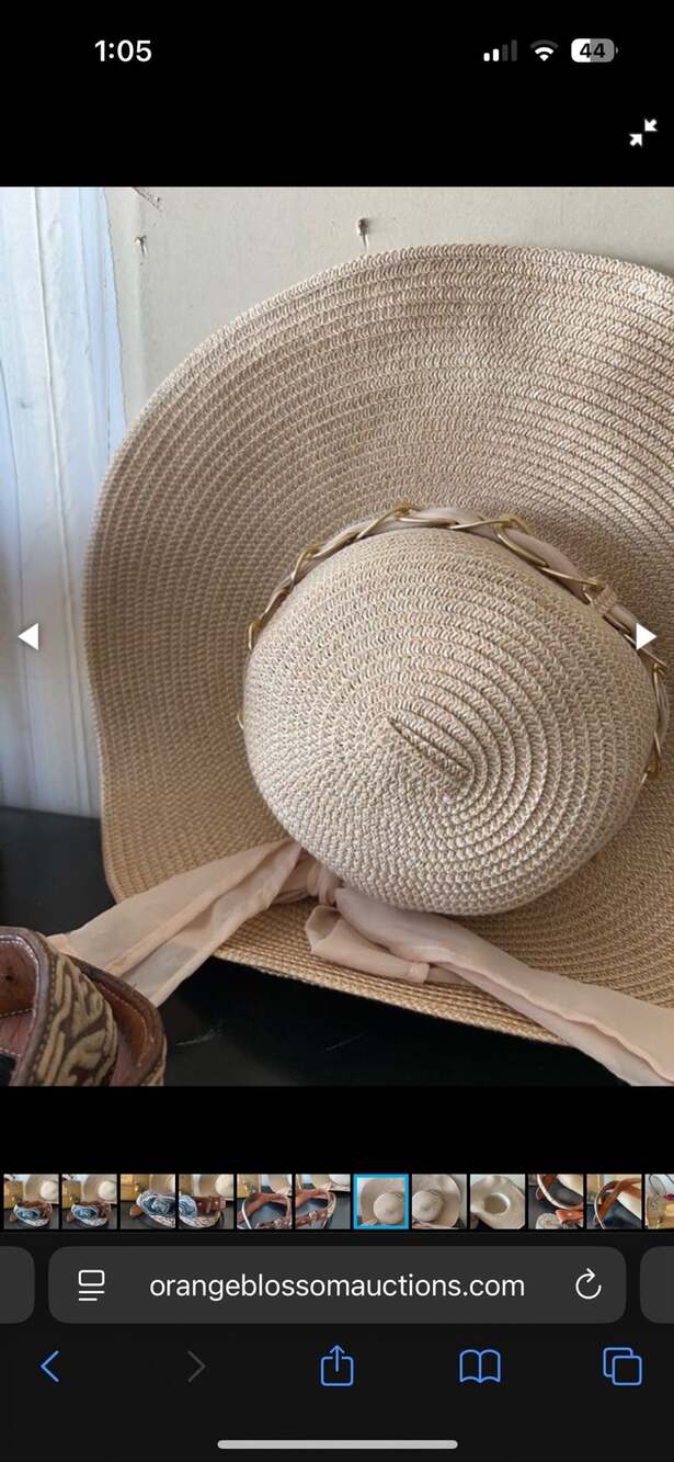 Unbranded Woven Straw Floppy Sun Hat Neutral Chiffon Scarf